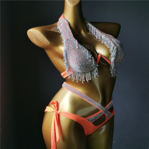 Diamond Tassels Swimwear Sexy Bikini Set Bling Stones Rhinestone Suit Beachwear