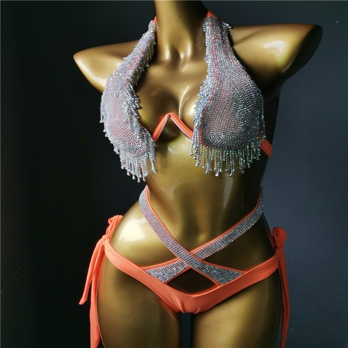 Diamond Tassels Swimwear Sexy Bikini Set Bling Stones Rhinestone Suit Beachwear