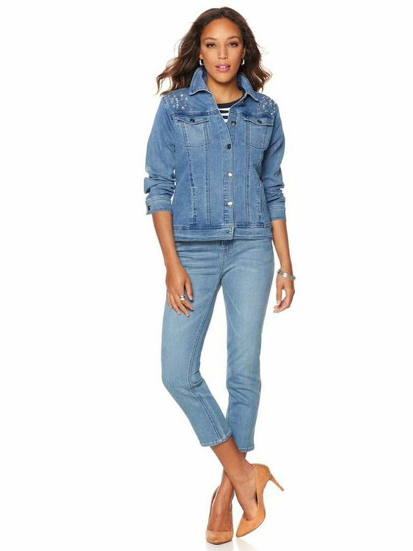 DIANE GILMAN Size XS Rhinestone Stretch Denim Jacket CHAMBRAY