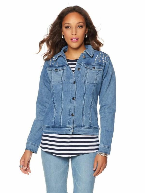 DIANE GILMAN Size XS Rhinestone Stretch Denim Jacket CHAMBRAY