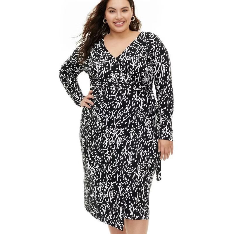 Diane Von Furstenberg Women's Midi Wrap Dress Deep V-Neck Long Sleeve