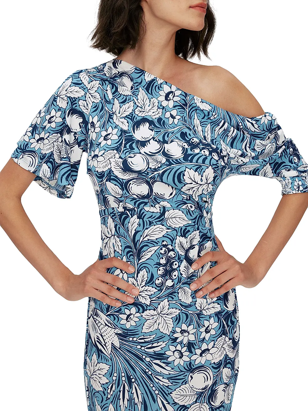 DIANE VON FURSTENBERG XL Wittrock Dress Bird Paradise Crepe One Shoulder Maxi