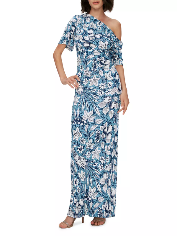 DIANE VON FURSTENBERG XL Wittrock Dress Bird Paradise Crepe One Shoulder Maxi
