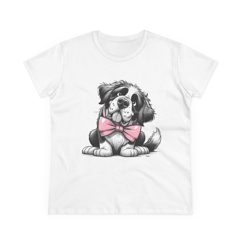 Digipups St Saint Bernard Puppy Dog Pink Bow Tie Sketch Cartoon Ladies T Shirt