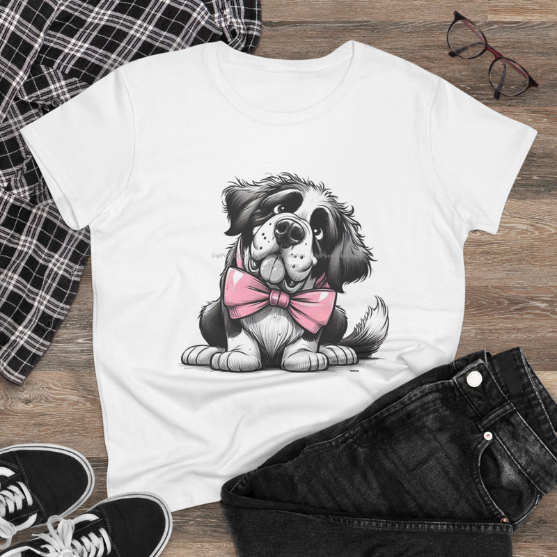 Digipups St Saint Bernard Puppy Dog Pink Bow Tie Sketch Cartoon Ladies T Shirt