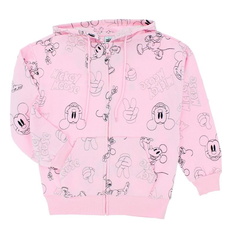 Disney Women's Mickey Mouse Full-Zip Hoodie Jacket Embroidered Characters Pink
