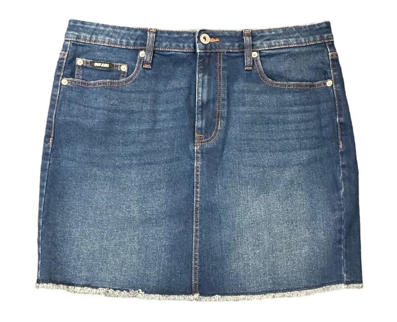 DKNY Denim Mini Skirt Women's 10 Blue Mid Rise Fringed Stretch 7322
