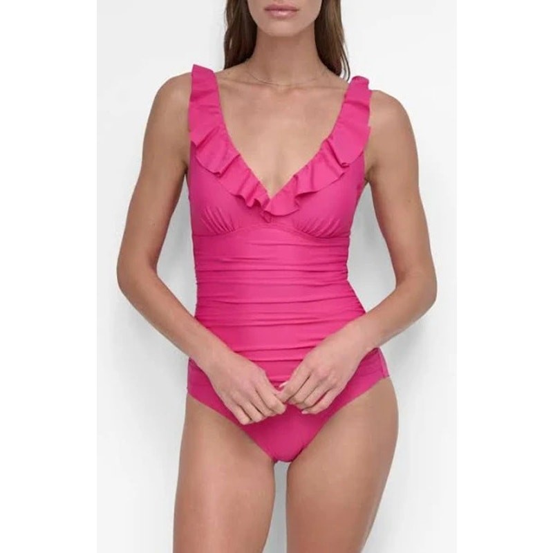 DKNY Ruffle Plunge Underwire Tummy Control One-Piece Swimsuit PINK Large