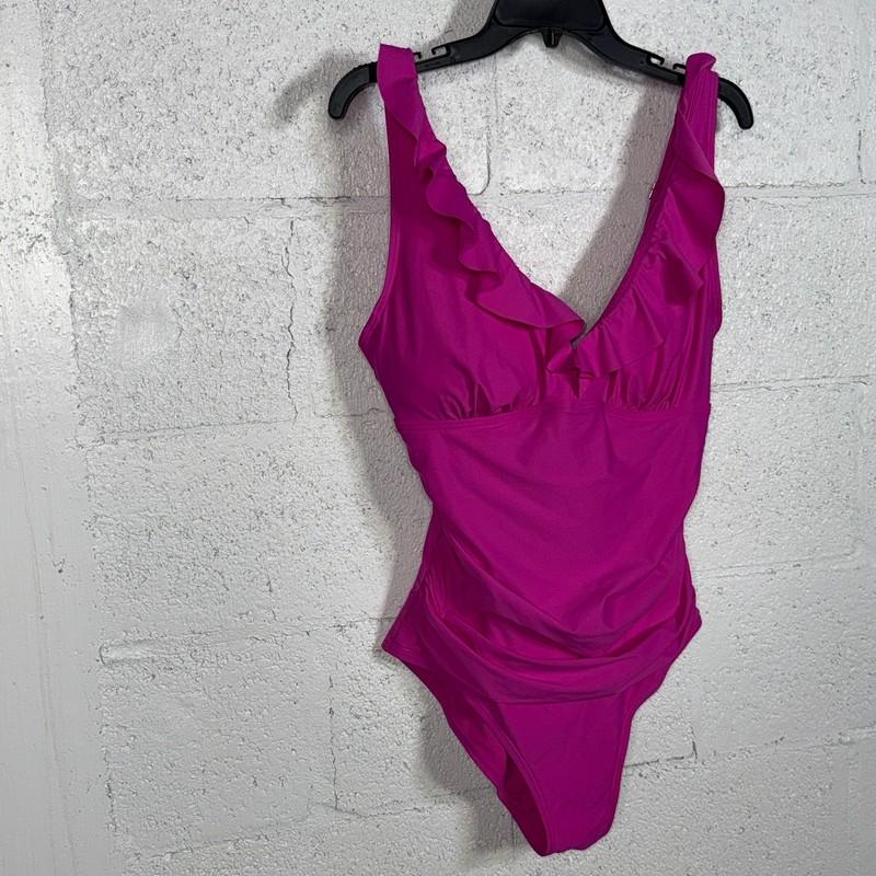 DKNY Ruffle Plunge Underwire Tummy Control One-Piece Swimsuit PINK Large