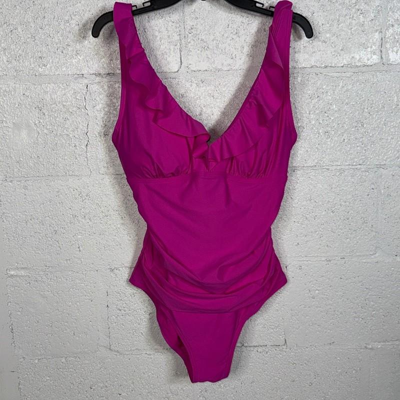 DKNY Ruffle Plunge Underwire Tummy Control One-Piece Swimsuit PINK Large