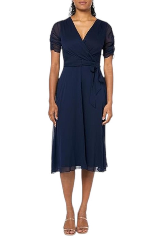 DKNY Women's Balloon Half Sleeve Faux Wrap Midi Dress Navy