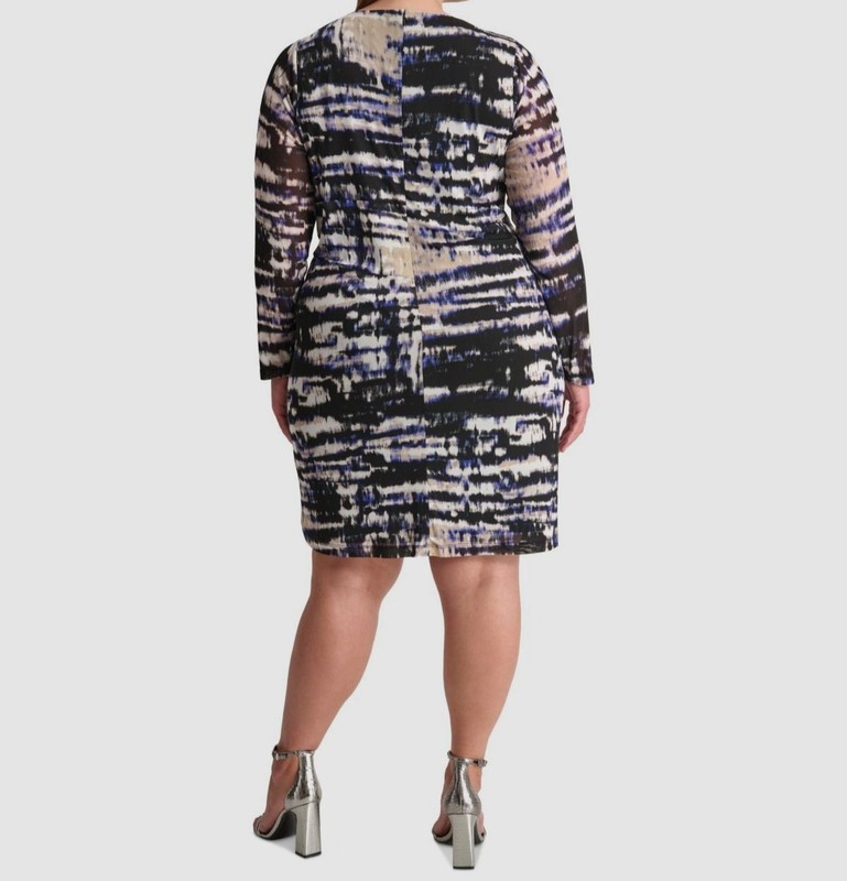 DKNY Women's Blue Printed Side-Ruched Sheer-Sleeve Mesh Dress Plus Size 18W