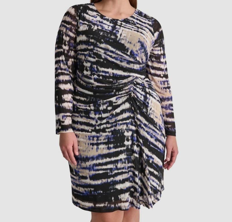 DKNY Women's Blue Printed Side-Ruched Sheer-Sleeve Mesh Dress Plus Size 18W