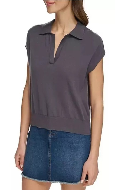 DKNY Women's Modern Fit Sleeveless Collared V-Neck Sweater Dark Gray XL