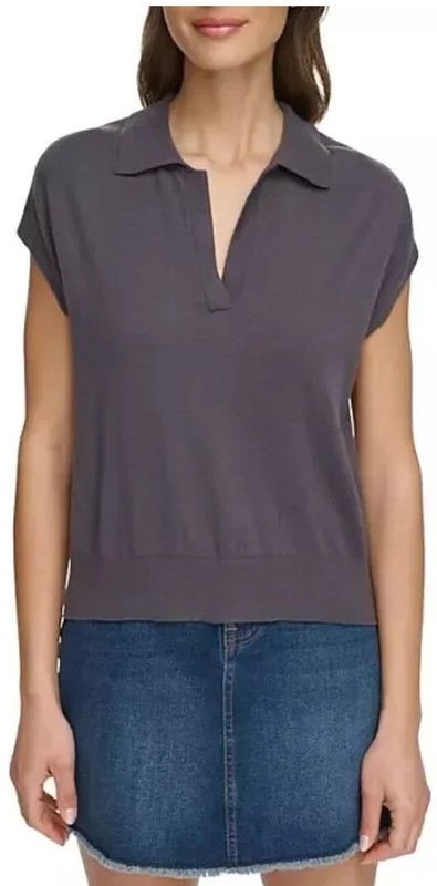 DKNY Women's Modern Fit Sleeveless Collared V-Neck Sweater Dark Gray XL