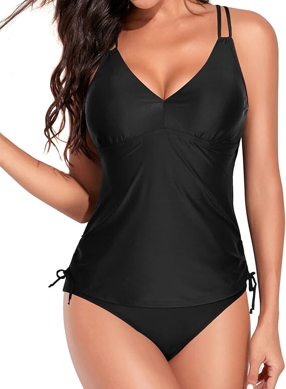 DKNY Women's Quick Drying Comfortable Stretch 2 Piece Ruffled Tankini Swimsuit