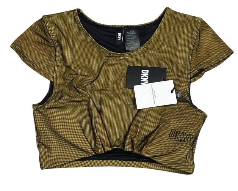 DKNY Women's S Cap Sleeve Mesh Overlay Swim Top Gold Black NWT
