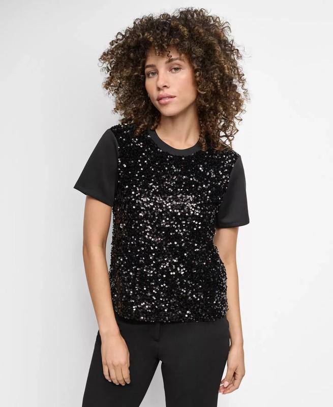 DKNY Women's Top Sz M Crewneck Short-Sleeve Sequin Blouse