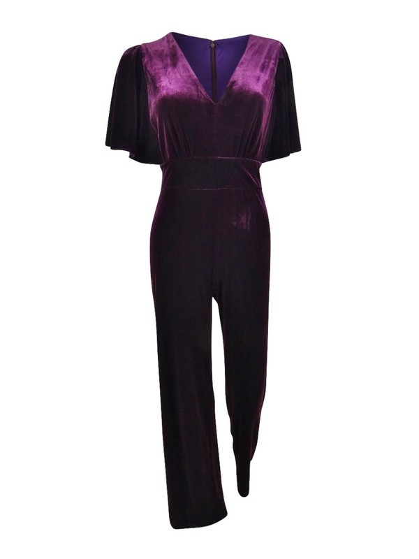 DKNY Womens Purple Zippered Bell Sleeve V Neck Wide Leg Party Jumpsuit Size 4