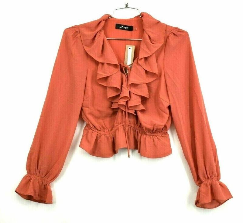 Do+Be Womens Lace Up Ruffle Peplum Coral Blouse Top V-Neck Lined Bodice Solid