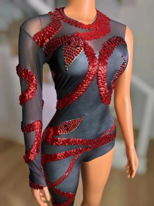 Dragon Flying Round Neck Diamond TotemSexy One Sleeve Jumpsuit Nightclub Bar