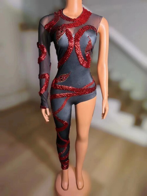 Dragon Flying Round Neck Diamond TotemSexy One Sleeve Jumpsuit Nightclub Bar