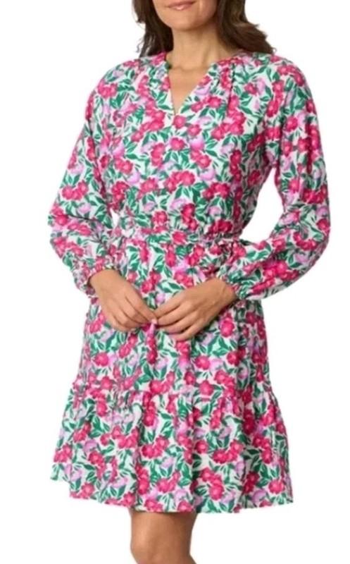 DRAPER JAMES WOMEN'S LONG SLEEVE V-NECK FLORAL BELTED DRESS