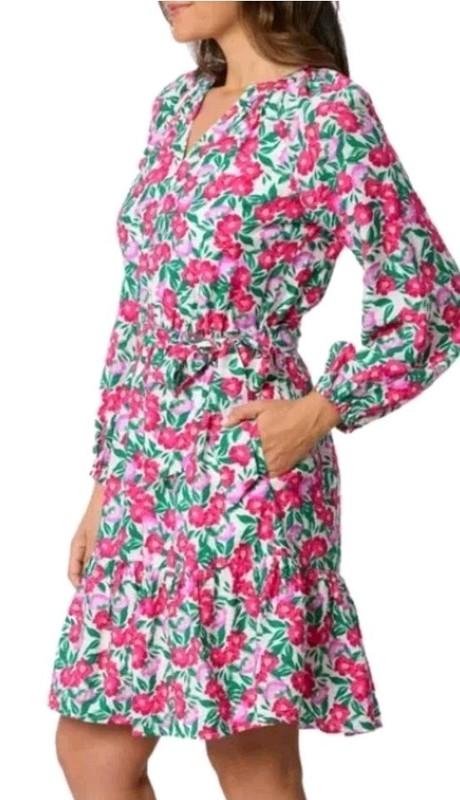 DRAPER JAMES WOMEN'S LONG SLEEVE V-NECK FLORAL BELTED DRESS