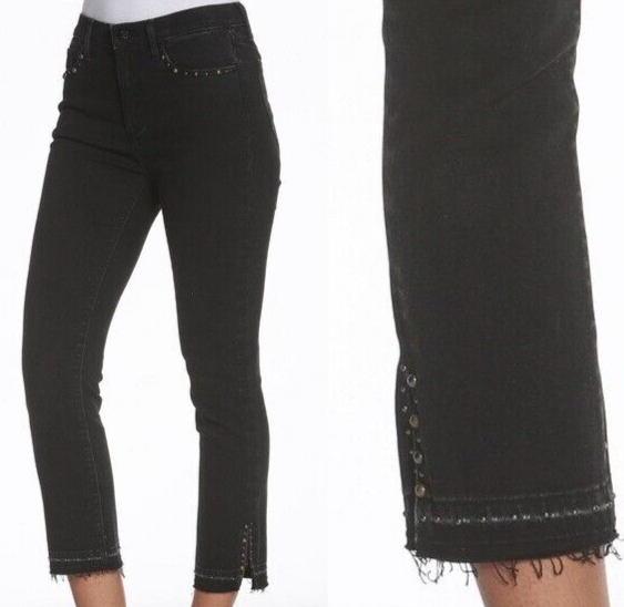 Driftwood Black Amelia Crop Jeans Size 26 Studded Raw Hem Stretch Denim Festival