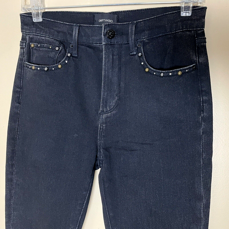 Driftwood Black Amelia Crop Jeans Size 26 Studded Raw Hem Stretch Denim Festival