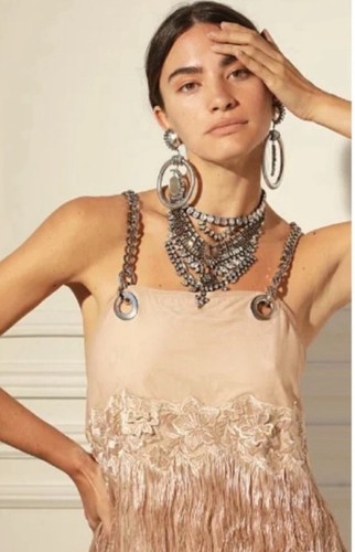 DYLANLEX DYLAN LEX DLEX Chain Strap Fringe Dress Mesh Embroidered Beige NEW NWT