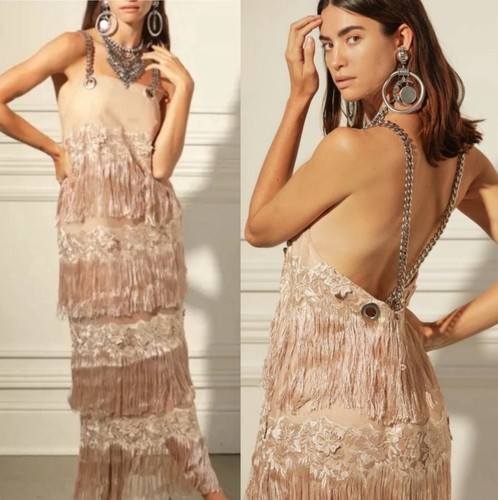 DYLANLEX DYLAN LEX DLEX Chain Strap Fringe Dress Mesh Embroidered Beige NEW NWT