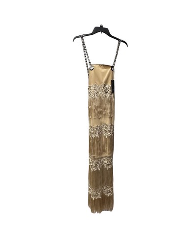 DYLANLEX DYLAN LEX DLEX Chain Strap Fringe Dress Mesh Embroidered Beige NEW NWT