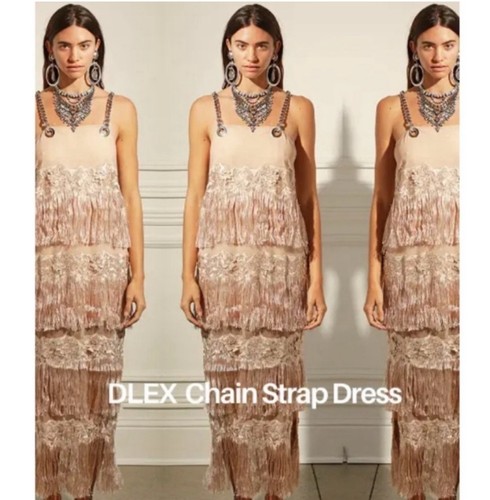 DYLANLEX DYLAN LEX DLEX Chain Strap Fringe Dress Mesh Embroidered Beige NEW NWT