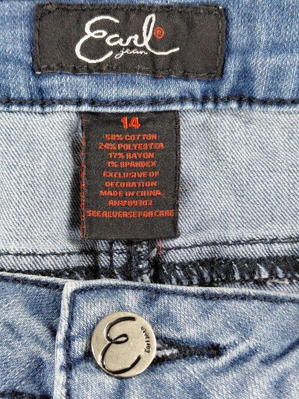 Earl Women's Jean Skirt Size 14 Blue Straight Stretch Knee Length Logo Denim