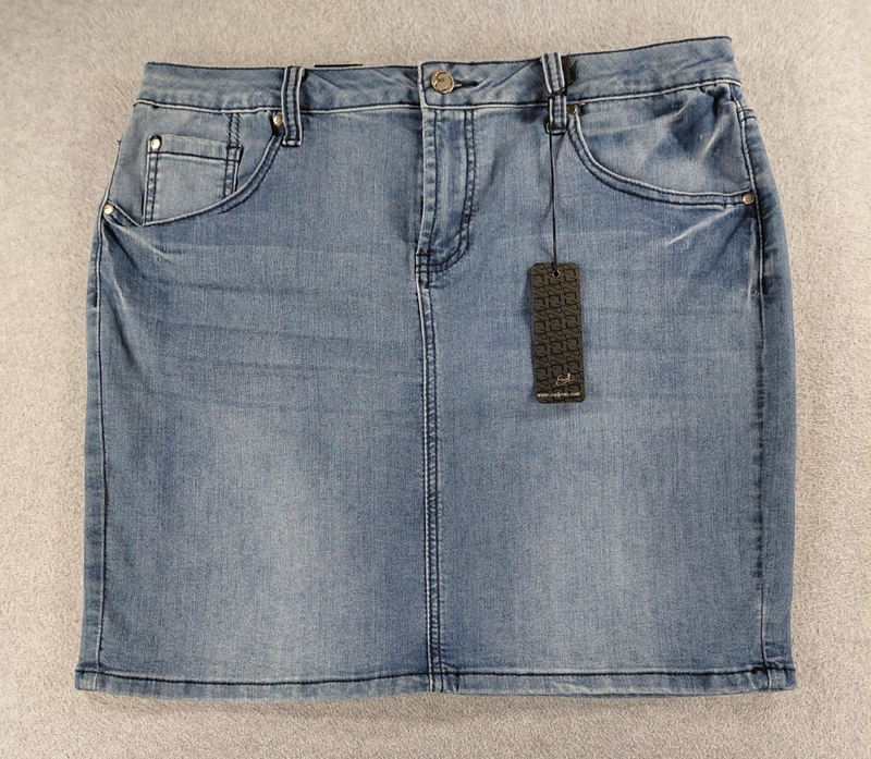 Earl Women's Jean Skirt Size 14 Blue Straight Stretch Knee Length Logo Denim