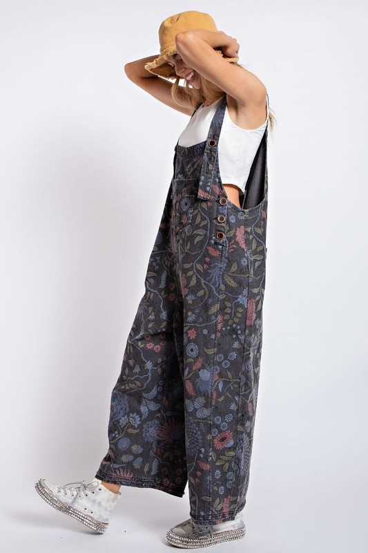Easel Black Denim Floral Boho Wide Leg Overall Jumpsuit NWT Oversize Small