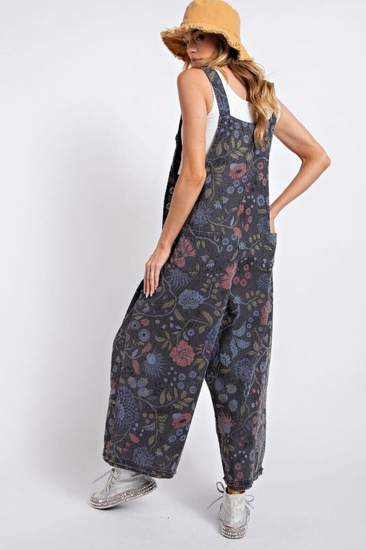 Easel Black Denim Floral Boho Wide Leg Overall Jumpsuit NWT Oversize Small