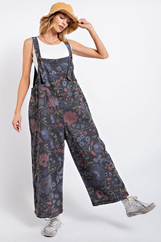 Easel Black Denim Floral Boho Wide Leg Overall Jumpsuit NWT Oversize Small