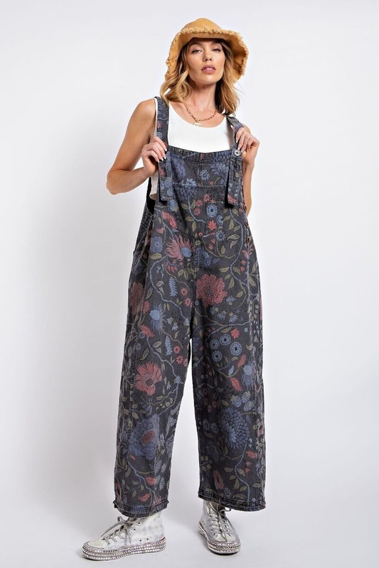 Easel Black Denim Floral Boho Wide Leg Overall Jumpsuit NWT Oversize Small