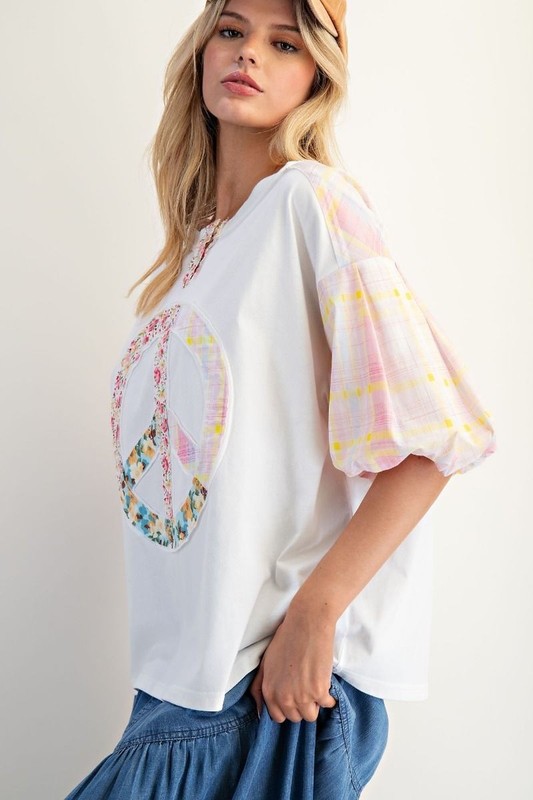 Easel Women's Peace Sign Floral Plaid Mixed Print Short Sleeve Top In Pink Ivory