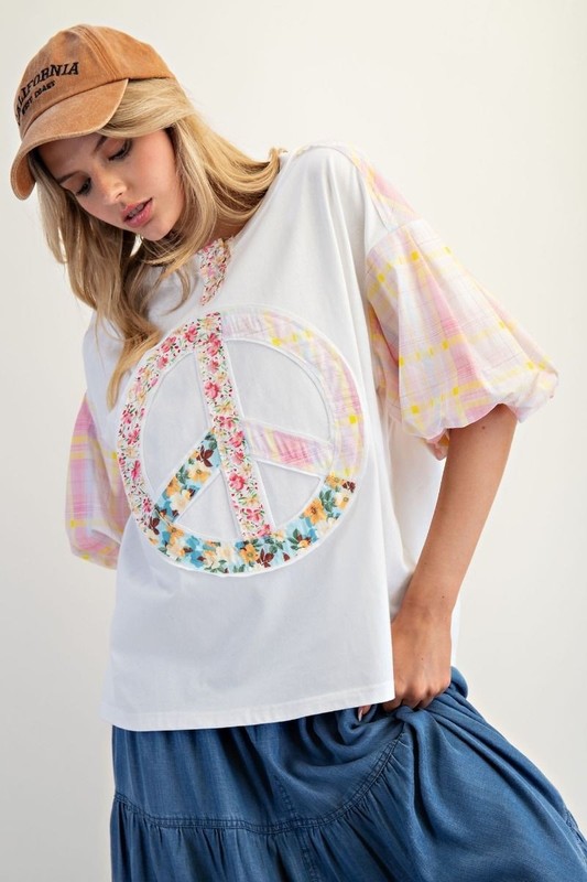 Easel Women's Peace Sign Floral Plaid Mixed Print Short Sleeve Top In Pink Ivory
