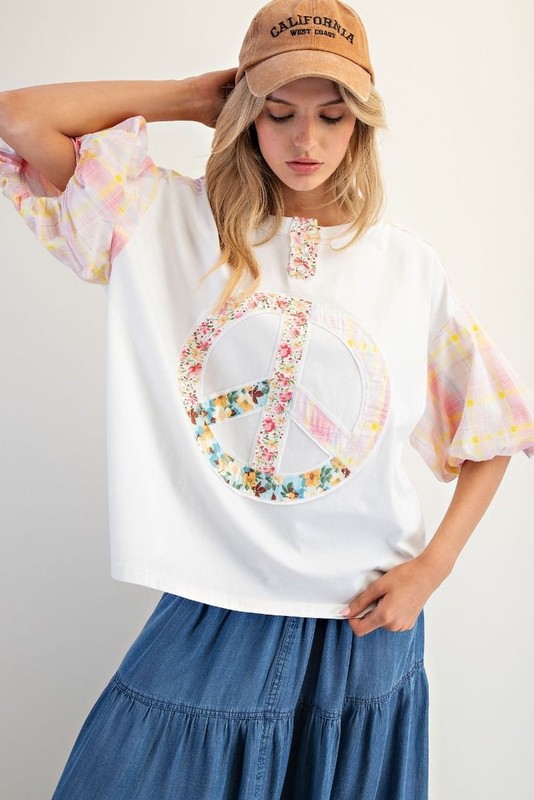 Easel Women's Peace Sign Floral Plaid Mixed Print Short Sleeve Top in Pink Ivory