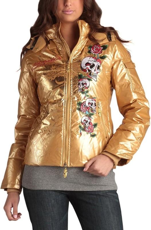 Ed Hardy By Christian Audigier Women's Embroidered Removable Hood Puffer Jacket