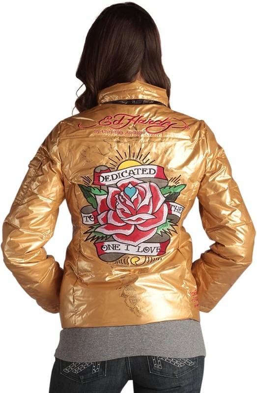 Ed Hardy By Christian Audigier Women's Embroidered Removable Hood Puffer Jacket