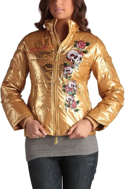 Ed Hardy By Christian Audigier Women's Embroidered Removable Hood Puffer Jacket