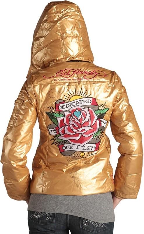 Ed Hardy by Christian Audigier Women's Embroidered Removable Hood Puffer Jacket