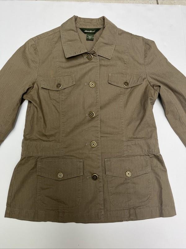 Eddie Bauer Khaki Green Jacket Women’s Medium Canvas Utility Pockets Button VGUC