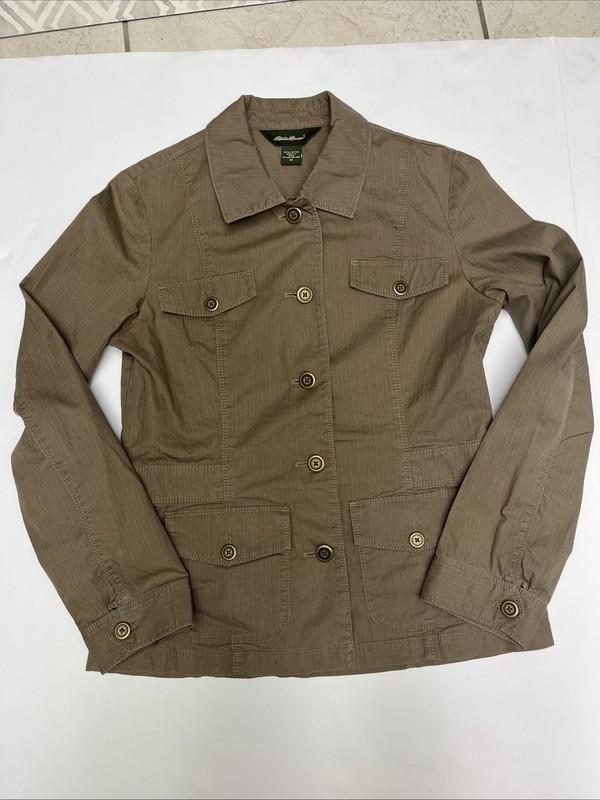Eddie Bauer Khaki Green Jacket Women’s Medium Canvas Utility Pockets Button VGUC