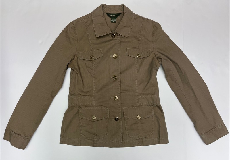 Eddie Bauer Khaki Green Jacket Women’s Medium Canvas Utility Pockets Button VGUC
